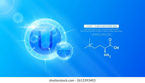 Vitamin U blue or S-Methylmethionine and chemical structure. Vitamins complex serum. For design skin care products beauty treatment. Medical scientific concepts. Vector EPS10.