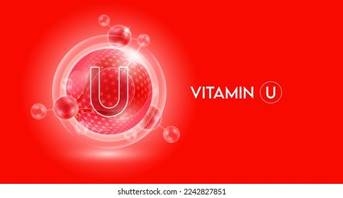 Vitamin U and bubble atom molecule collagen serum chemical formula shield protection skin. Skincare anti age nutrition supplement multivitamin complex. On red background. 3D vector.