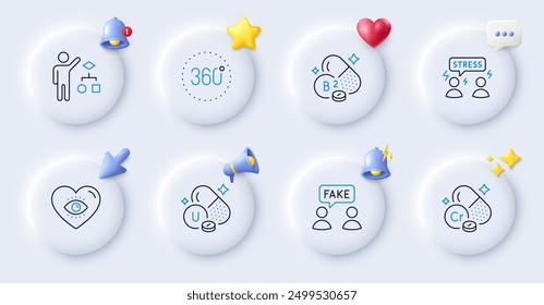 Vitamin u, Chromium mineral and Riboflavin vitamin line icons. Buttons with 3d bell, chat speech, cursor. Pack of Fake information, Meditation eye, Algorithm icon. Vector