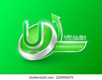 Vitamin U in kreisförmigen Form grün mit Pfeil. Wird für die Gestaltung von Nahrungsergänzungsmitteln oder Kosmetikprodukten verwendet. Medizinische Konzepte. 3D-Symbol einzeln. Vektorgrafik EPS10.