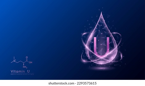 Vitamin U drop pink low poly and structure chemical formula. Medicine science innovative. Multivitamins complex collagen supplement skincare anti aging. Cosmetics nutrition banner design. Vector.