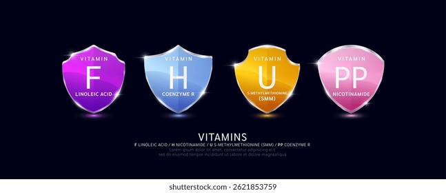 Vitamin U F PP in translucent glass shield aluminum frame shiny modern 3D isolated on dark background. For design dietary supplement products. Health care protection. Vector.