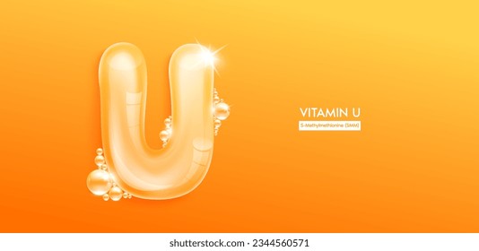 Vitamin U in form water character letter bubble collagen serum. Font type uppercase orange. Solution vitamins complex skin care for cosmetics ads design. Medical concepts beauty nutrition. 3D Vector.
