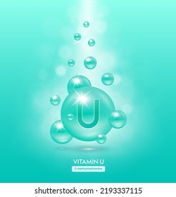 La bola verde de vitamina U cae al suelo. Complejo de vitaminas séricas con fórmula química. Tratamiento de belleza nutrición diseño de cuidado de la piel. Conceptos médicos y científicos. EPS10 de vectores realistas 3D.