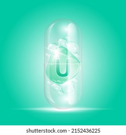 Vitamin U green drop water inside capsule transparent. Collagen vitamins complex with chemical formula nature. Beauty treatment nutrition skin care. Medical scientific concepts. 3D Realistic Vector.