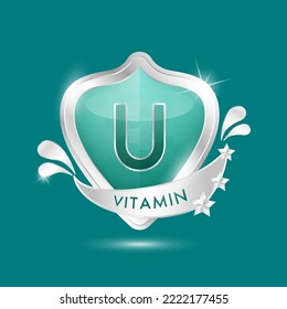 Vitamin U in grünem Glasschild transparent. Der Schutzkörper bleibt gesund. Für Nahrungsmittel. Schild Aluminium ang Sternsilber Aufkleber Symbol 3d isoliert realistisch. Vektorgrafik-Illustrator.