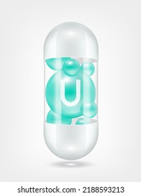 Vitamin U green inside capsule pill transparent white. Health care beauty enhancement neutralize free radicals. Used for nutrition products food template design. 3D Realistic Vector EPS10.