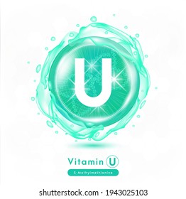 Vitamin U, Green shining pill capsule. Vitamin complex with Chemical formula.  Meds for health ads. Beauty treatment nutrition skin care design. Vector illustration.