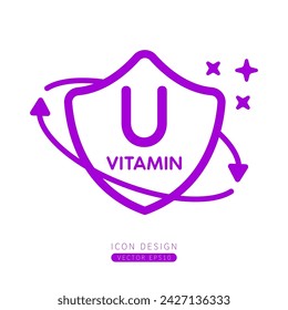 Vitamin U icon purple in shield surrounded by arrows Isolated on a white background. Medical symbol build protective and immunity concept. Design for use print media form simple line. Vector.