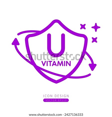 Vitamin U icon purple in shield surrounded by arrows Isolated on a white background. Medical symbol build protective and immunity concept. Design for use print media form simple line. Vector.