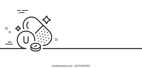 Vitamin U line icon. S-Methylmethionine food nutrient sign. Capsule or pill supplement symbol. Minimal line illustration background. Vitamin U line icon pattern banner. Vector