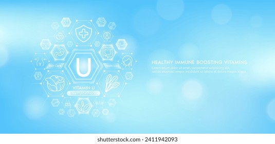 Vitamin U with medical icons. Vitamins minerals from natural essential health skin care body organs healthy. Build immunity antioxidants digestive system. Banner vector EPS10.