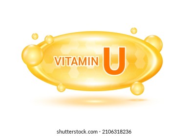 Vitamin U and minerals complex. Glossy vitamins pills capsules. Pill, Healthy food supplement. Medical scientific and healthcare concept. Isolated on white background 3D Vector EPS10.