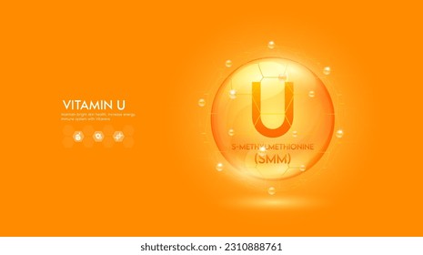 Vitamin U orange solution or S-Methylmethionine. Innovation repair maintain bright skin care anti aging. Vitamins complex and collagen serum. For medical beauty nutrition cosmetic design. Vector.