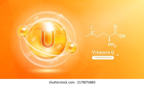 Vitamin U orange and structure. Pill vitamins complex and bubble collagen serum chemical formula. Beauty treatment nutrition skin care design. Medical and scientific concepts. 3D Vector EPS10.