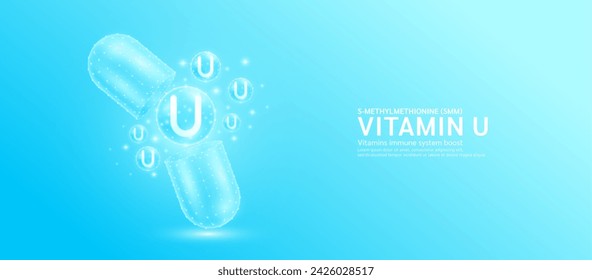 Vitamin U pill drug capsule open with blue bubble ball float out in style polygon. Collagen and minerals antibiotic supplement essential health care. Medical and pharmacy concept. Banner vector.