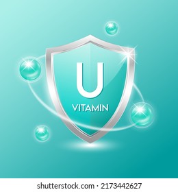 Vitamin U shield with blue atom. Protect the body stay healthy. For nutrition products food. Medical scientific concepts. Vector illustration.
