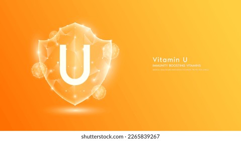 Vitamin U shield polygonal translucent orange. Immunity boosting vitamins. Medical innovation protect your body healthy. Shield low poly triangle modern futuristic protection. Banner vector.