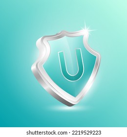 Vitamin U shield protected guard isolated on blue background. Protect the body stay healthy. For nutrition products food and meds for heath flu. Medical concepts. 3D Vector illustration.