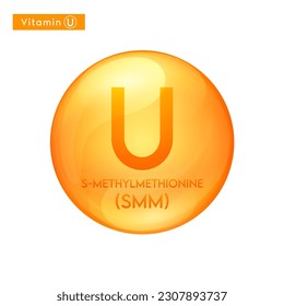 Vitamin U (S-Methylmethionine) orange icon 3D. Essential multivitamin supplement. Beauty nutrition skincare. Pill capsule vitamins complex. For cosmetic product design. Medical concept. Vector.