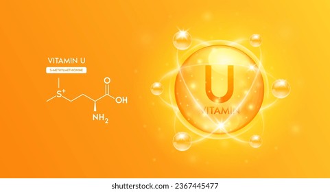 Vitamin U with structure chemical formula. Bubble collagen serum orange and Vitamins complex for cosmetics design. Medical concepts. Beauty treatment nutrition skincare. 3D Vector.