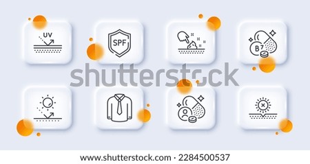 Vitamin, Uv protection and Spf protection line icons pack. 3d glass buttons with blurred circles. No sun, Biotin vitamin, Skin moisture web icon. Shirt pictogram. For web app, printing. Vector