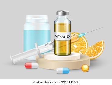 Vitamin vector. Intravenous vitamin C, supplement pills, medicine vial, syringe with medical injection and orange slices. Healthcare and preventive medicine. Advertisement poster