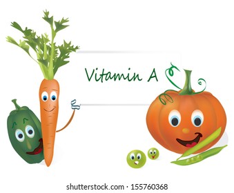 Vitamin A Vegetables. Illustration Collection of Animated Peppers, Pumpkin, Peas and  Carrot Characters with Facial Expressions. 3D Set of Vector Vegetables