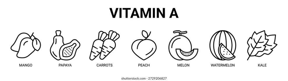 Vitamina A web banner ícone vetor ilustração conceito com ícone de manga, mamão, cenouras, pêssego, melão, melancia e couve.