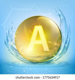 Vitamin A in a yellow pill. Golden drop with food supplement on a background of splashing water. Vector illustration