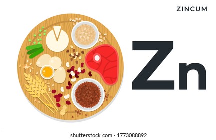 Vitamin Zn flat vector illustrations. Foods containing zincum. Diet, healthy nutritional.