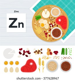 Vitamin Zn vector flat illustrations. Foods containing vitamin Zn on the table. Source of vitamin Zn: egg, meat, corn, nuts, peas, flakes isolated on white background