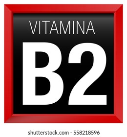 VITAMINA B2 Icon - VITAMIN B2 in Spanish language - Chemistry - Red square frame with black background