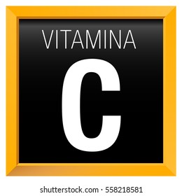 VITAMINA C Icon - VITAMIN C in Spanish language - Chemistry - Orange yellow square frame with black background