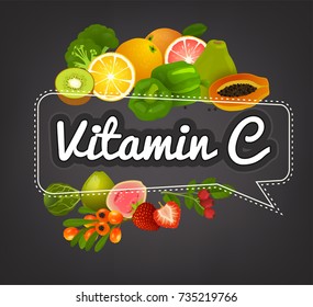 VitaminC banner. Beautiful vector illustration with caption lettering and top foods highest in vitamin C. Useful for leaflet, brochure or poster design as a header or other graphic element.