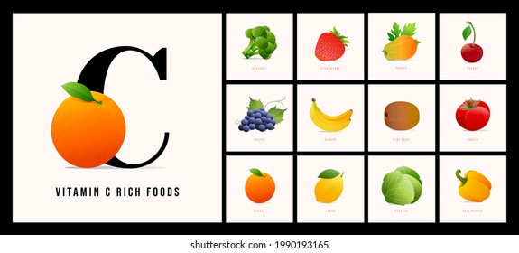 Vitamin-C rich fruits set.Modern style vector illustrations.Fresh food, healthy eating concept. 