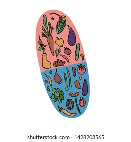 Vitamine pills concept with veg. Vector illustration.