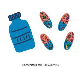 Vitamine pills concept with veg. Vector illustration.