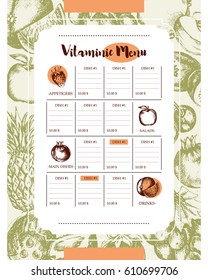 Vitaminic Column Menu - vector modern hand drawn menu template. Fruits, dishes, tables with copyspace.