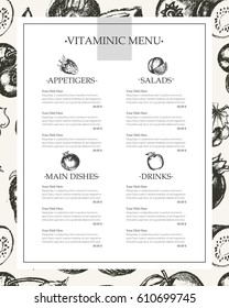 Vitaminic Column Menu - vector modern hand drawn template. Fruits, dishes, tables with copyspace.