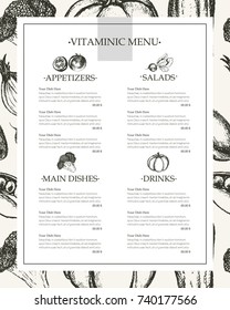 Vitaminic Menu - vector hand drawn menu template with copyspace. Realistic broccoli, pumpkin, radish, onion, tomato, eggplant, pepper, cucumber, carrot, pea.