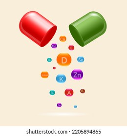 Vitamin-mineral complex pharmaceutical capsule. Vector illustration for advertising natural food supplements