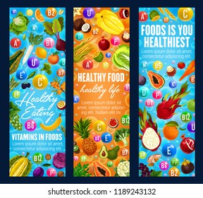 Vitamins A, B, C and minerals E, U, D in food healthy life banners. Exotic fruits and organic vegetables as components of proper nutrition. Dieting vegetarian food addends vector