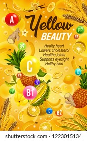 Vitamins A, B, C And Minerals, Healthy Lifestyle And Beauty Poster Of Color Diet Yellow Day. Vector Fruits And Vegetables, Ginger, Wheat And Pineapple, Grocery Veggies For Rising Immunity