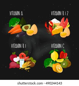 Vitamins: A,  B1,  B12,  C. Vitamins and minerals in food, fruit, vegetables, meat, fish.Natural healthy organic products collection. Vitamin infographic.