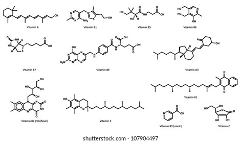 Vitamins (all except vitamin B12), chemical structures: Vitamin A, B1, B2, B3, B5, B6, B7, B9, C, D, E and K.