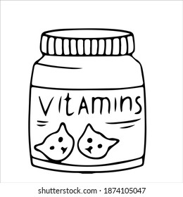 vitamins for animals. Accessories for pets. An element from a set of doodles drawn by hand. Isolated illustration on a white background.