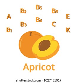 Vitamins are in apricot, A, B1, B2, B3, B5, B6, B9, C, E, K, infographic fruit vector illustration