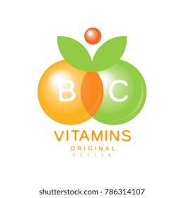 Vitamins B and C logo template original design, pharmacy label, natural medicine vector Illustration