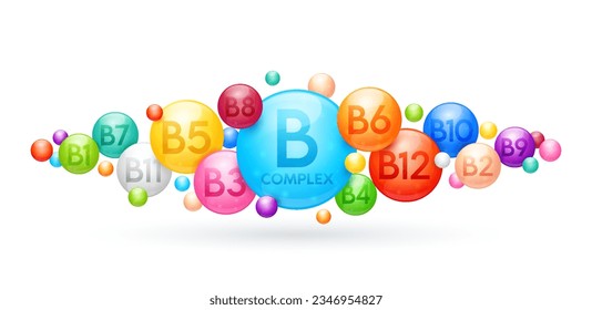 Vitamins B complex capsules on white background. Nutrients, minerals that are essential the body. Multivitamin for skin care cosmetics or dietary supplement banner design. Medical concepts. 3D Vector.